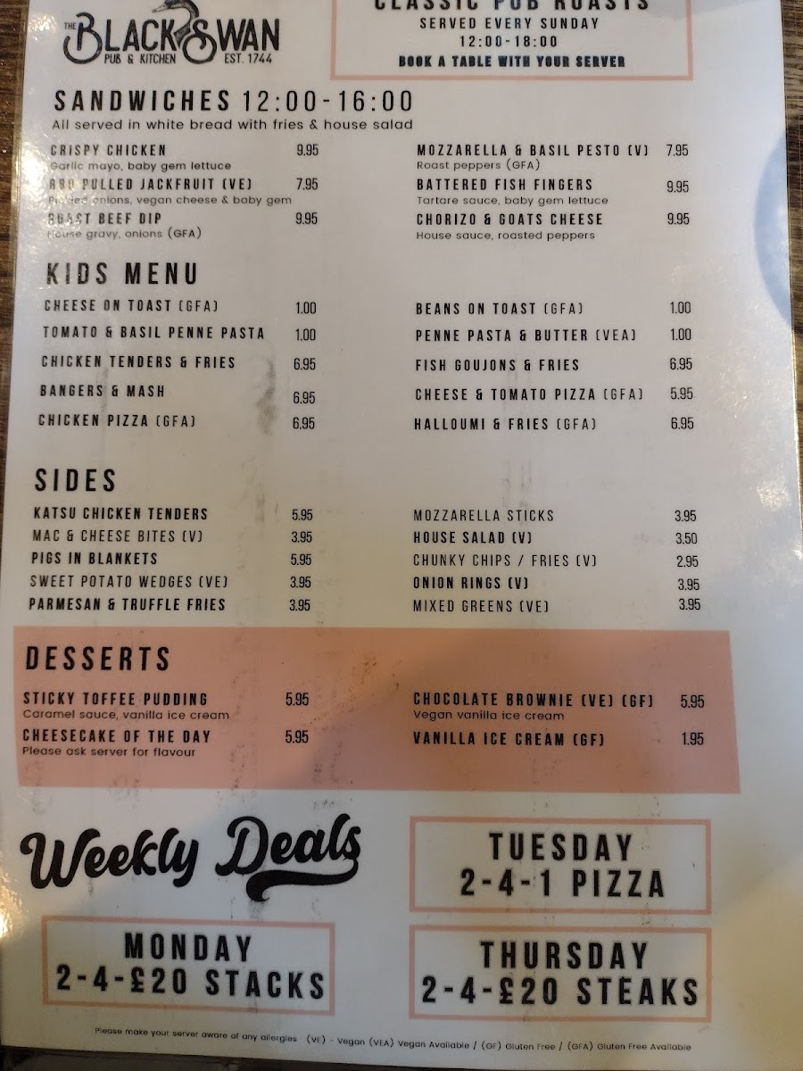 Black Swan Alnwick Menu - Image 1